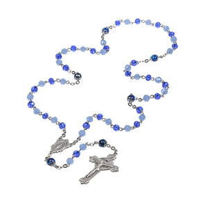 Blue Opal Faceted Glass Bead Rosary, Pewter Crucifix and Center