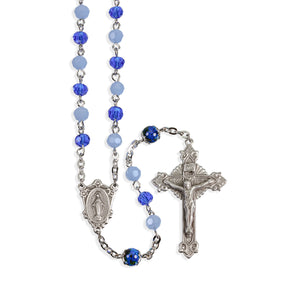 Blue Opal Faceted Glass Bead Rosary, Pewter Crucifix and Center