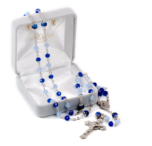 Blue Opal Faceted Glass Bead Rosary, Pewter Crucifix and Center