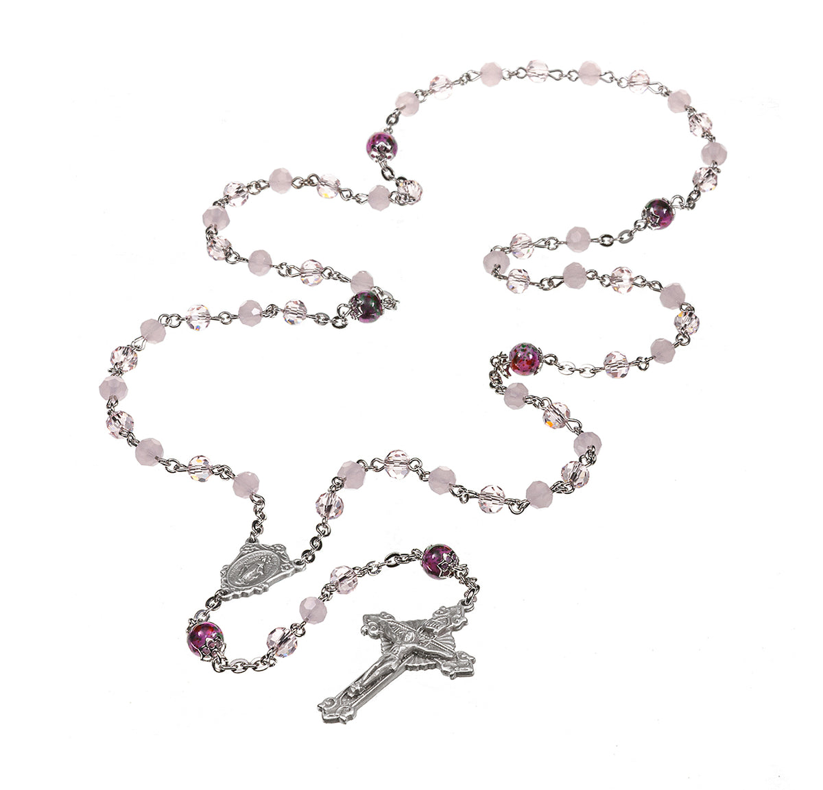 Pink Rose Opal Faceted Glass Bead Rosary, Pewter Crucifix and Center