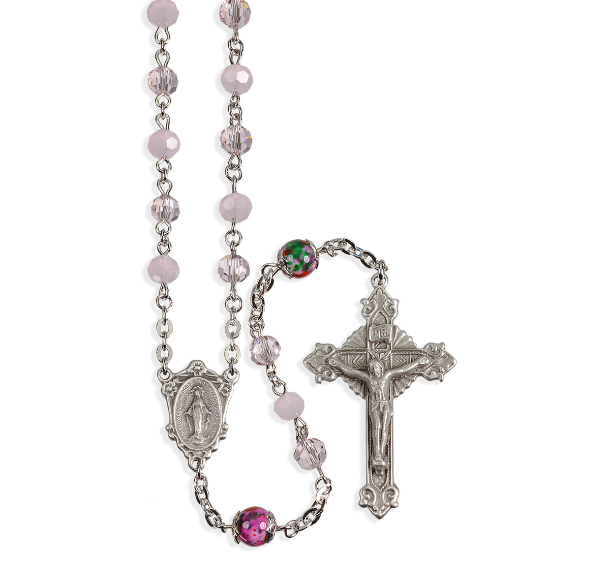 Pink Rose Opal Faceted Glass Bead Rosary, Pewter Crucifix and Center