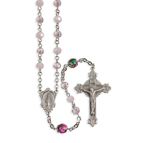 Pink Rose Opal Faceted Glass Bead Rosary, Pewter Crucifix and Center
