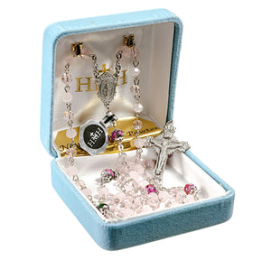 Pink Rose Opal Faceted Glass Bead Rosary, Pewter Crucifix and Center