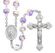 White and Lavender Glass Flower Bead Rosary, Pewter Crucifix and Center