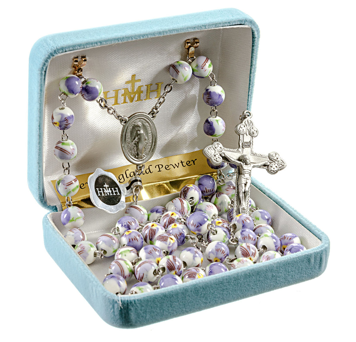 White and Lavender Glass Flower Bead Rosary, Pewter Crucifix and Center