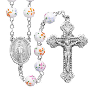 White and Orange Glass Flower Bead Rosary, Pewter Crucifix and Center