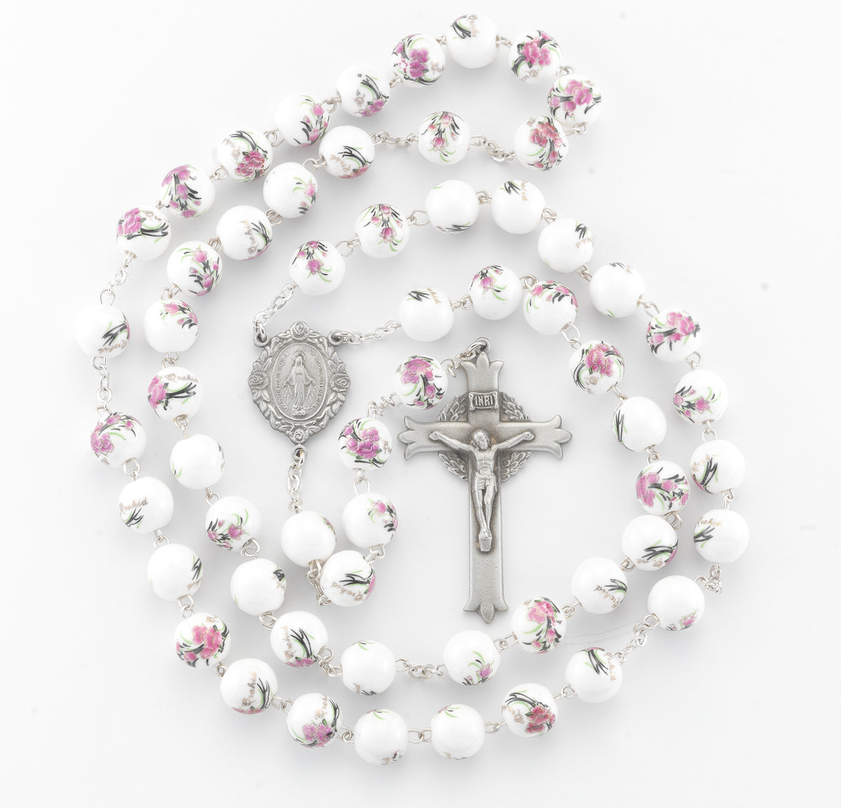 10mm White and Pink Glass Flower Bead Rosary, Pewter Crucifix and Center