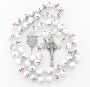 10mm White and Pink Glass Flower Bead Rosary, Pewter Crucifix and Center