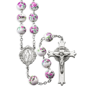 10mm White and Pink Glass Flower Bead Rosary, Pewter Crucifix and Center