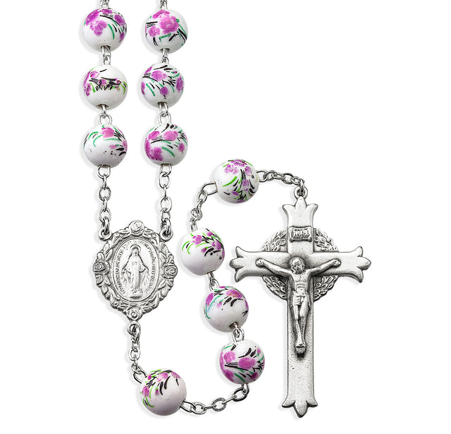 10mm White and Pink Glass Flower Bead Rosary, Pewter Crucifix and Center