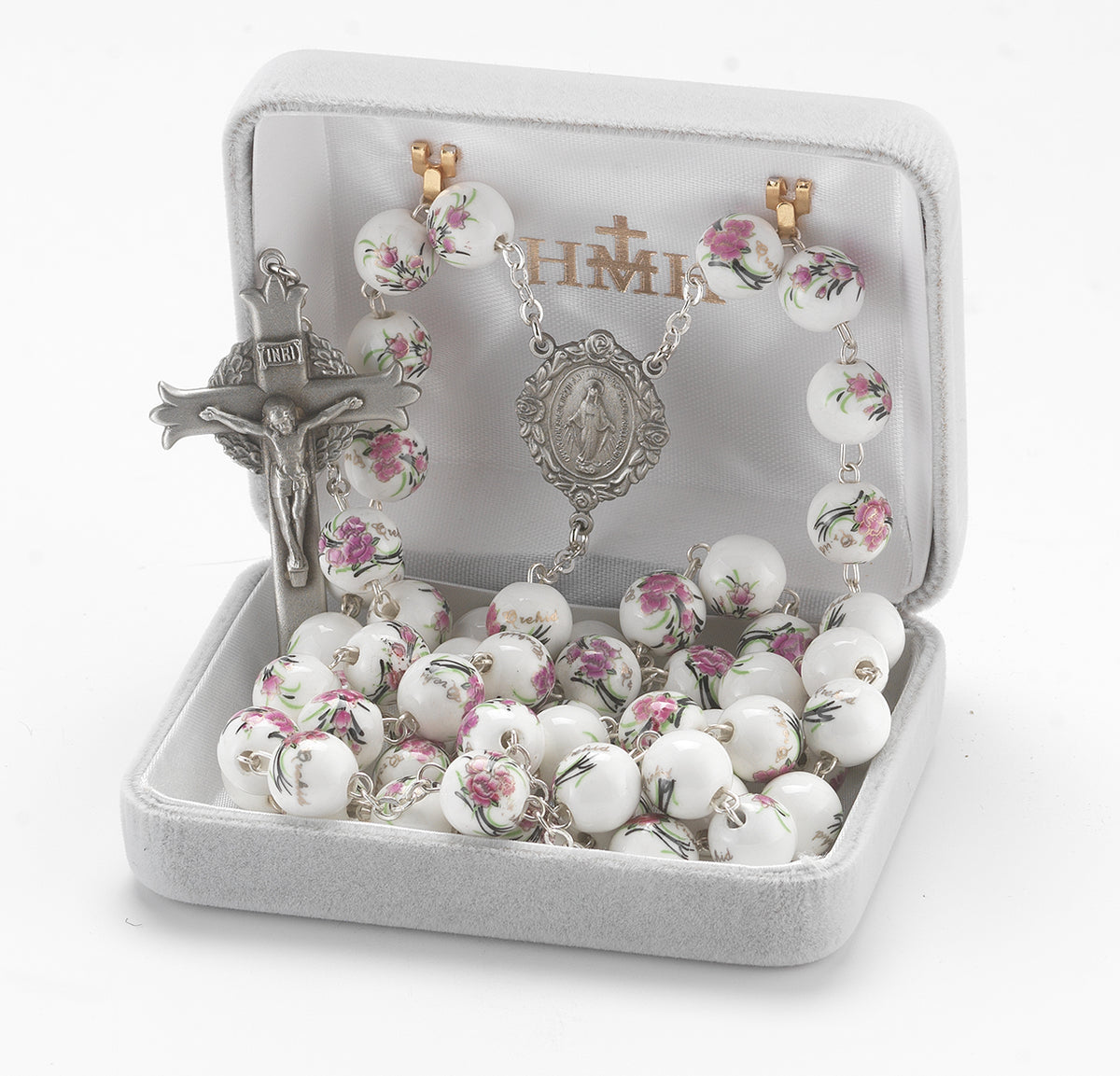 10mm White and Pink Glass Flower Bead Rosary, Pewter Crucifix and Center