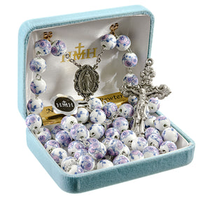 White and Violet Glass Flower Bead Rosary, Pewter Crucifix and Center
