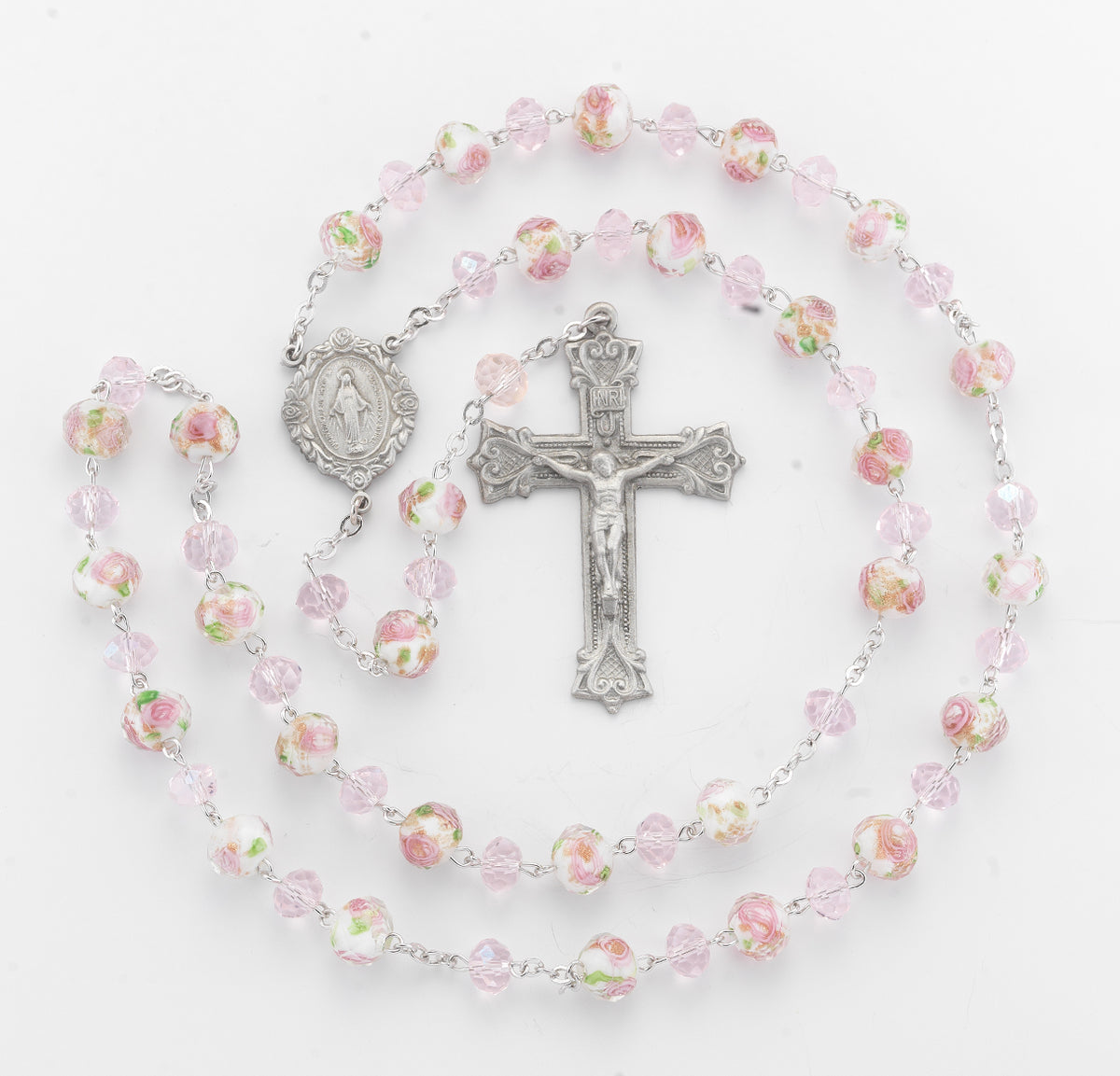 8mm Pink Faceted Glass Flower Bead Rosary, Pewter Crucifix and Center