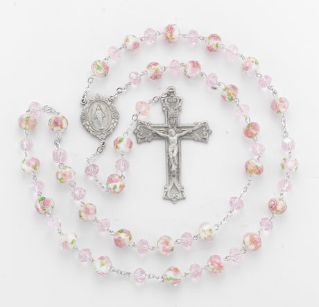 8mm Pink Faceted Glass Flower Bead Rosary, Pewter Crucifix and Center