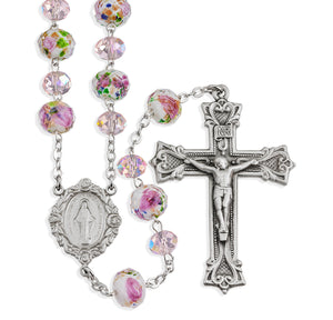 8mm Pink Faceted Glass Flower Bead Rosary, Pewter Crucifix and Center