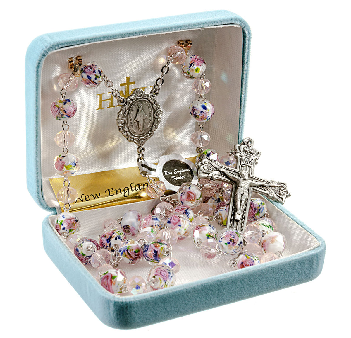 8mm Pink Faceted Glass Flower Bead Rosary, Pewter Crucifix and Center