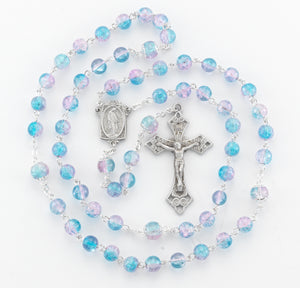 Aqua and Pink Crackle Glass Bead Rosary, Pewter Crucifix and Center