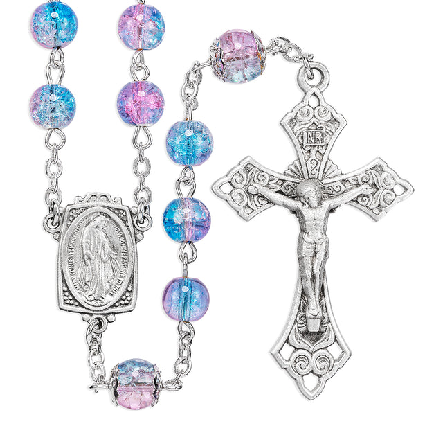 Aqua and Pink Crackle Glass Bead Rosary, Pewter Crucifix and Center