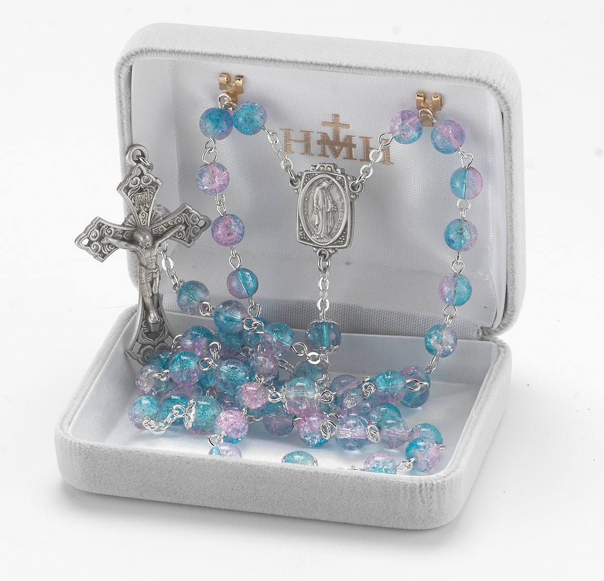 Aqua and Pink Crackle Glass Bead Rosary, Pewter Crucifix and Center