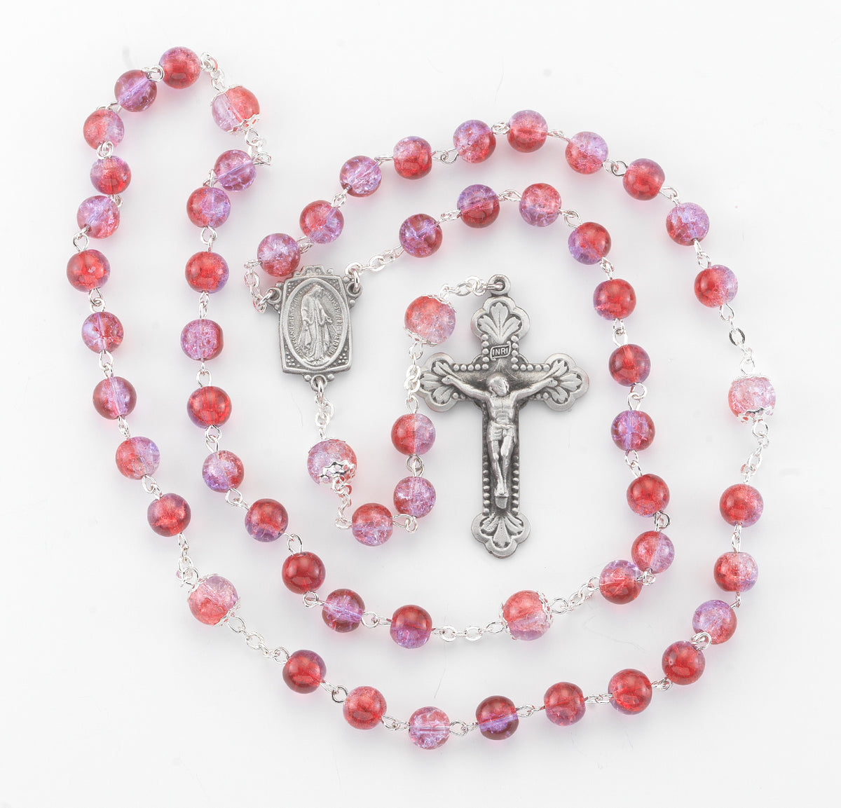 6mm Ruby Amethyst Crackle Glass Bead Rosary, Pewter Crucifix and Center