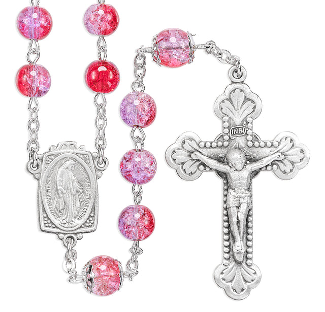 6mm Ruby Amethyst Crackle Glass Bead Rosary, Pewter Crucifix and Center
