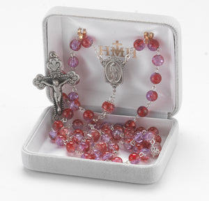 6mm Ruby Amethyst Crackle Glass Bead Rosary, Pewter Crucifix and Center