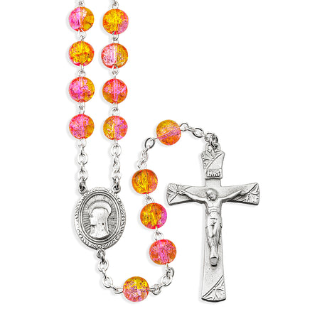 8mm Yellow Crackle Bead Rosary, Pewter Crucifix and Center