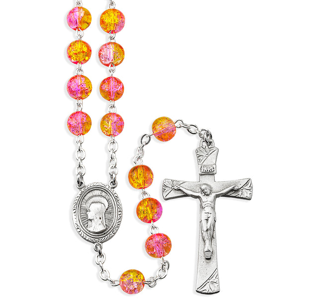 8mm Yellow Crackle Bead Rosary, Pewter Crucifix and Center