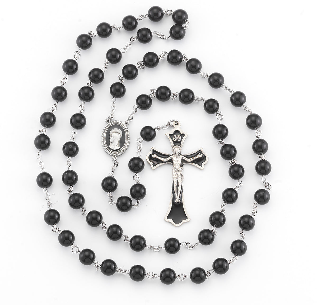 8mm Round Onyx Bead Rosary, Pewter Crucifix and Center