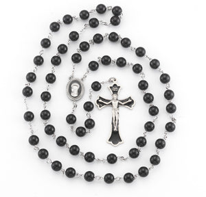 8mm Round Onyx Bead Rosary, Pewter Crucifix and Center