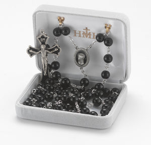 8mm Round Onyx Bead Rosary, Pewter Crucifix and Center