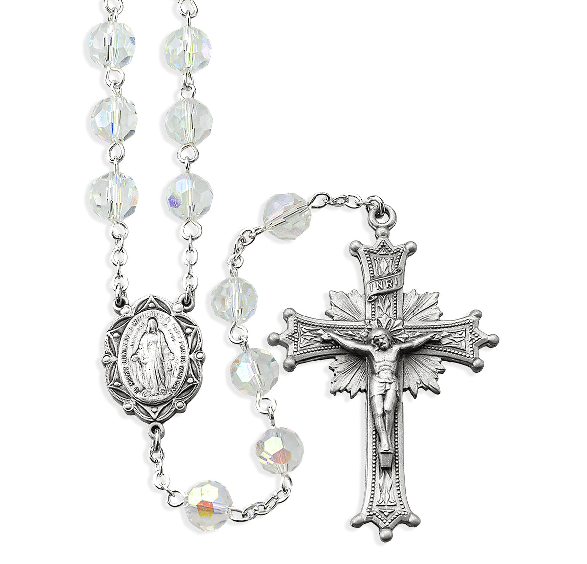 8mm Aurora Crystal Bead Rosary, Pewter Crucifix and Center
