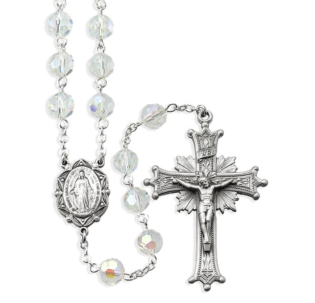 8mm Aurora Crystal Bead Rosary, Pewter Crucifix and Center