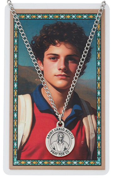 St. Carlo Acutis silver medal and laminated prayer card set