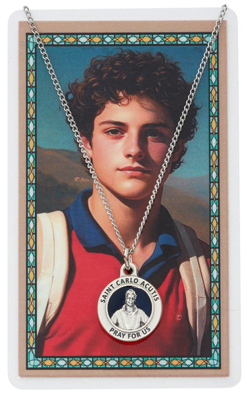St. Carlo Acutis blue epoxy medal and laminated prayer card set