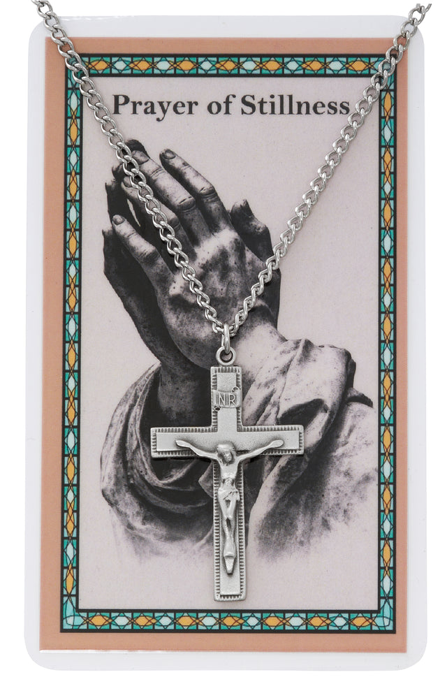 Pewter Crucifix Necklace with Prayer of Stillness Card