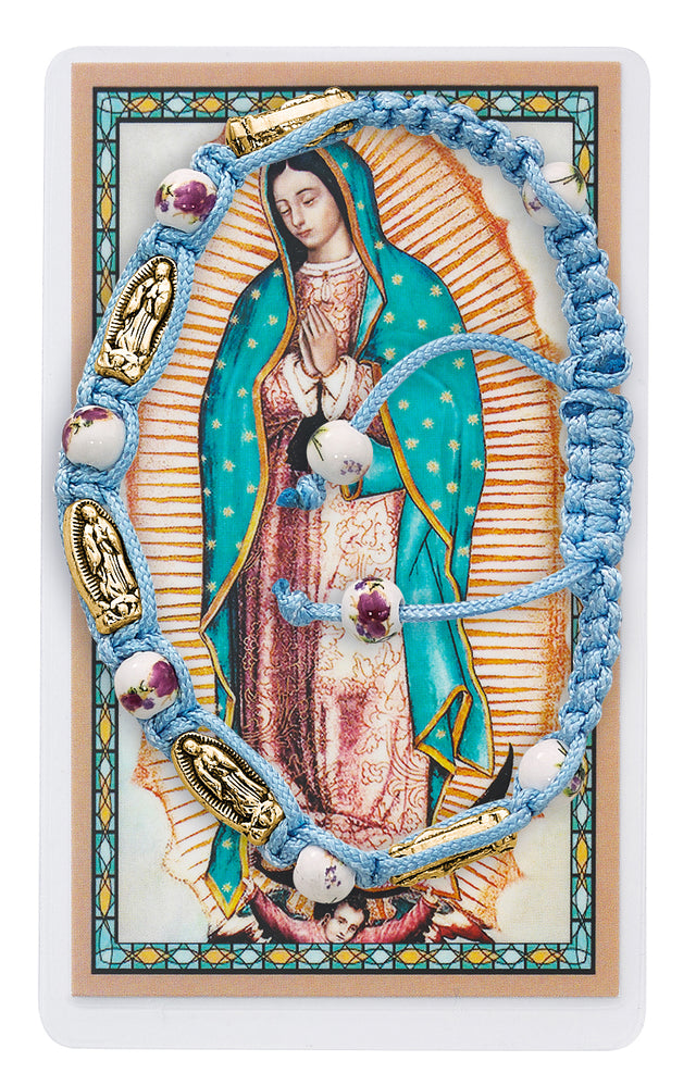 Aqua Corded Our Lady of Guadalupe Bracelet with Holy Card