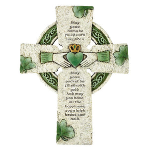 Irish Celtic Cross with Claddagh & Shamrocks – Stone Resin Wall Cross