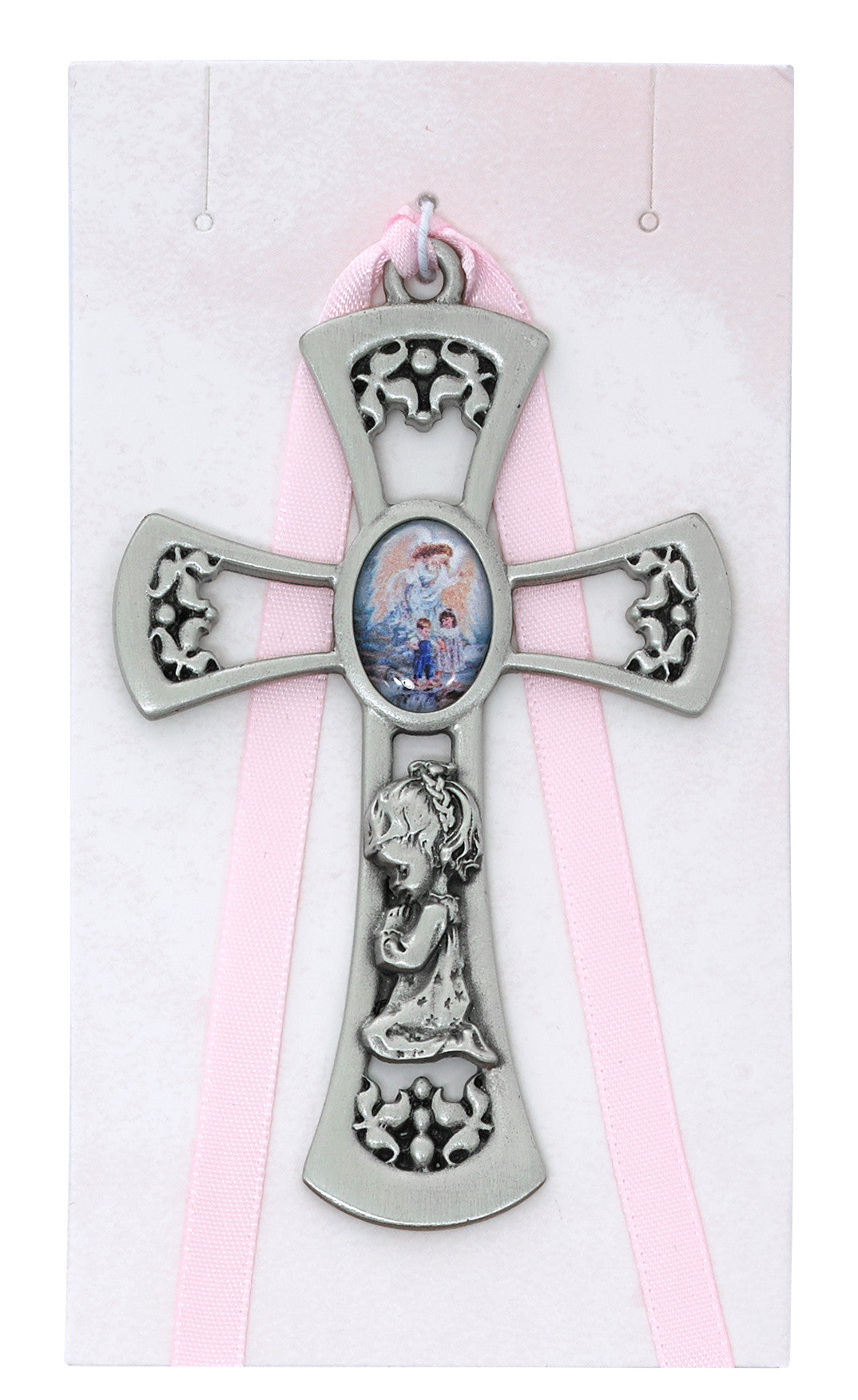 Girl Guardian Angel Cross – Pewter with Full-Color Center & Pink Ribbon, 3 3/4" | Baby & Baptism Gift
