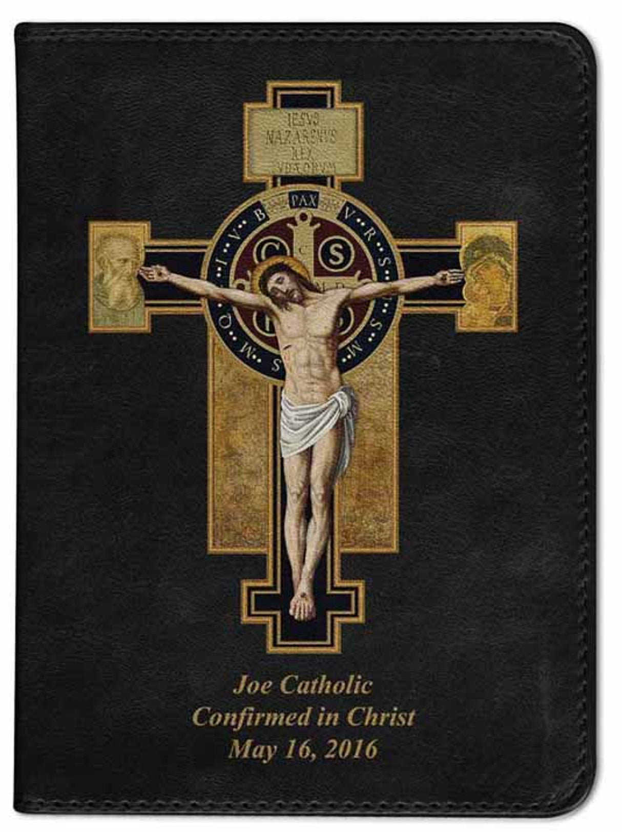 Personalized Leather Bible with Benedictine Cross Cover Black