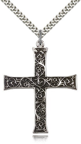 Antique Finish with Scroll Accent Men's Cross Pendant