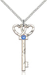 Small Key with Double Heart Pendant in Sterling Silver and Birthstone