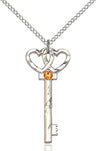 Small Key with Double Heart Pendant in Sterling Silver and Birthstone