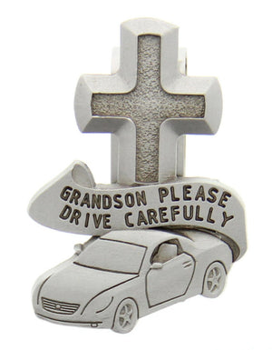 Grandson Please Drive Carefully Visor Clip, Pewter - 2 1/2'H