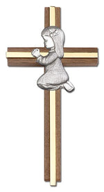 Praying Girl Cross in Walnut 6" with Metal Inlay