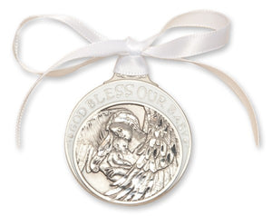 White Ribbon Guardian Angel Crib Medal in Pewter