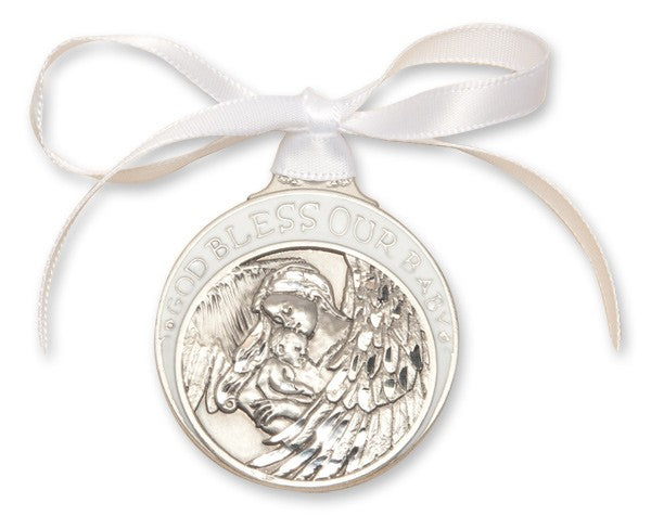 White Ribbon Guardian Angel Crib Medal in Pewter