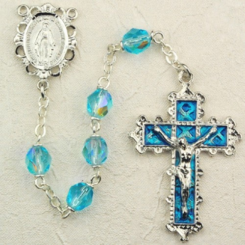 March Birthstone Rosary (Aqua) - Rhodium Plated