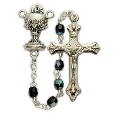 First Communion Black Crystal Rosary with Chalice Centerpiece