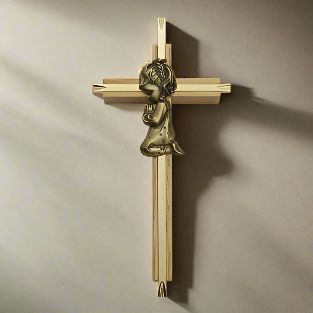 Praying Girl Oak & Brass Baby Cross - 7" H